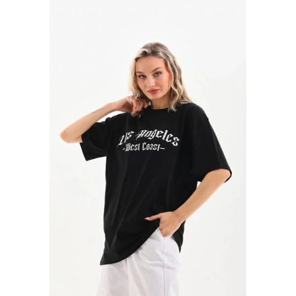 Kadın Baskılı Tişört Kısa Kol Bisiklet Yaka Oversize T-Shirt - Siyah