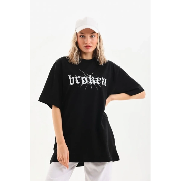 Kadın Kısa Kol Yazlık Tişört Bisiklet Yaka Baskılı Oversize T-Shirt - Siyah