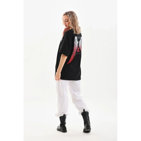Kadın Baskılı Tişört Kısa Kol Bisiklet Yaka Oversize T-Shirt - Siyah