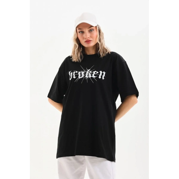 Kadın Kısa Kol Yazlık Tişört Bisiklet Yaka Baskılı Oversize T-Shirt - Siyah