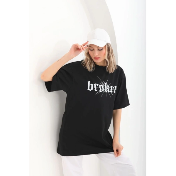 Kadın Kısa Kol Yazlık Tişört Bisiklet Yaka Baskılı Oversize T-Shirt - Siyah