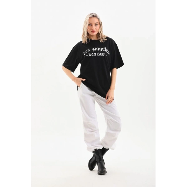 Kadın Baskılı Tişört Kısa Kol Bisiklet Yaka Oversize T-Shirt - Siyah