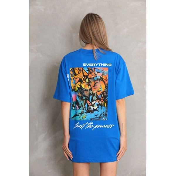 kadın Bisiklet Yaka Baskılı Oversize T-Shirt - Mavi