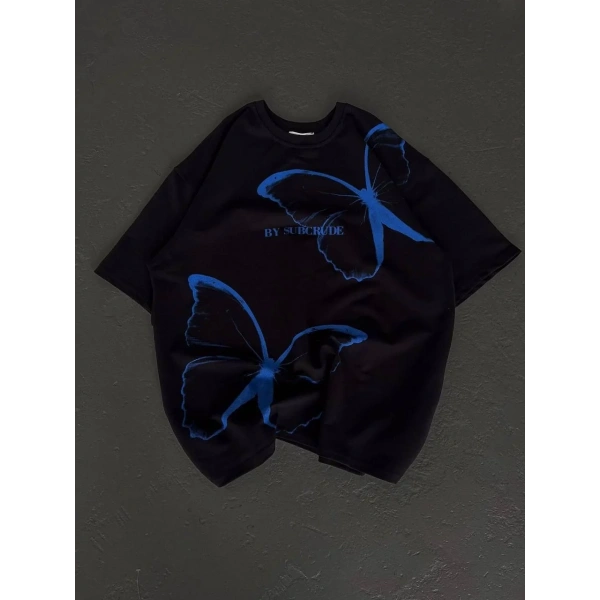 kadın Bisiklet Yaka Baskılı Oversize T-Shirt - Siyah