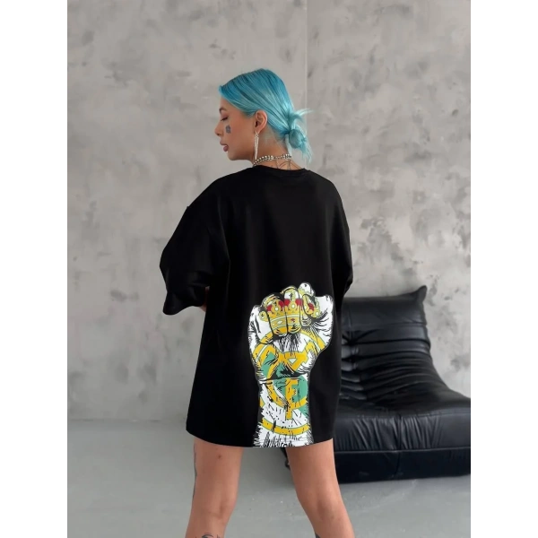 Kadın Kısa Kol Yazlık Tişört Bisiklet Yaka Baskılı Oversize T-Shirt - Siyah