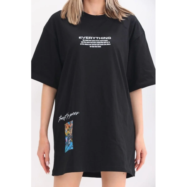 kadın  Bisiklet Yaka Baskılı Oversize T-Shirt - Siyah