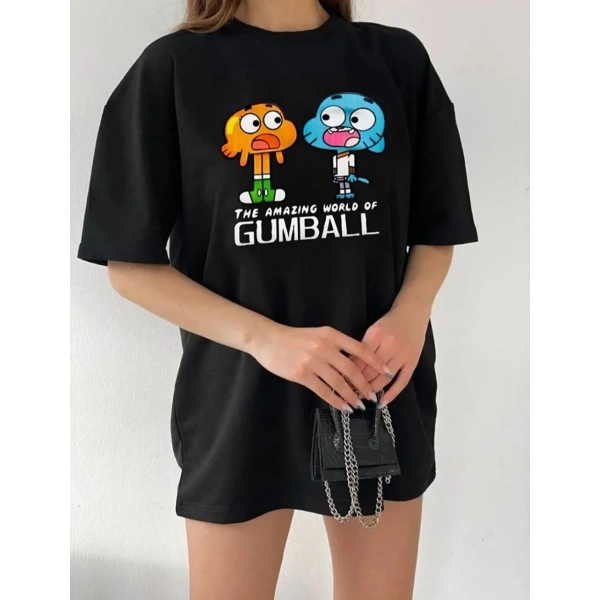 Kadın Kısa kol Tişört Bisiklet Yaka Baskılı Oversize T-Shirt - Siyah