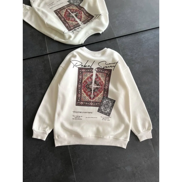 Kadın Bisiklet Yaka Kilim Halı Baskılı 3 İplik Pamuklu Sweatshirt - Beyaz