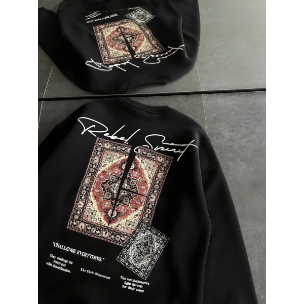 Kadın Bisiklet Yaka Kilim Halı Baskılı 3 İplik Pamuklu Sweatshirt - Siyah