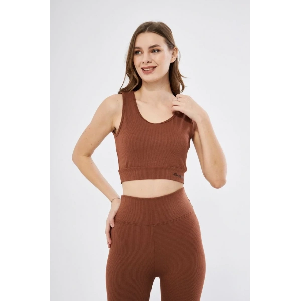 Kadın Fitilli Baskılı Crop - Kahve