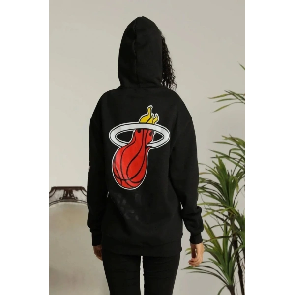 Kadın Oversize Kapüşonlu Cepli Baskılı 3 İplik Pamuklu Hoodie Sweatshirt - Siyah