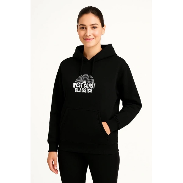 Kadın Oversize Kapüşonlu Cepli Baskılı 3 İplik Pamuklu Hoodie Sweatshirt - Siyah