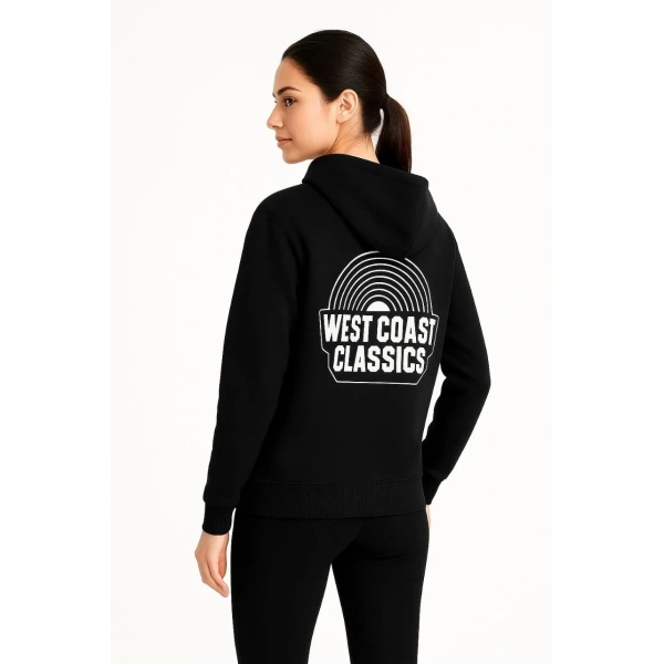 Kadın Oversize Kapüşonlu Cepli Baskılı 3 İplik Pamuklu Hoodie Sweatshirt - Siyah