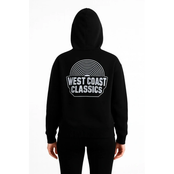 Kadın Oversize Kapüşonlu Cepli Baskılı 3 İplik Pamuklu Hoodie Sweatshirt - Siyah