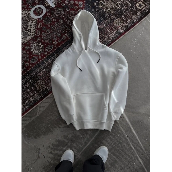 Kadın Kapüşonlu Kanguru Cepli 3 İplik Pamuklu Oversize Hoodie Sweatshirt - Beyaz