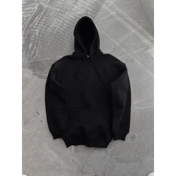 Kadın Kapüşonlu Kanguru Cepli 3 İplik Pamuklu Oversize Hoodie Sweatshirt - Siyah