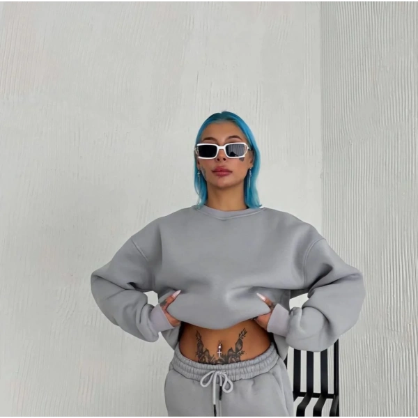 Kadın Bisiklet Yaka 3 İplik Pamuklu Basic SweatShirt - Gri