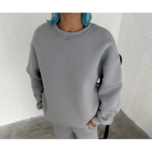 Kadın Bisiklet Yaka 3 İplik Pamuklu Basic SweatShirt - Gri