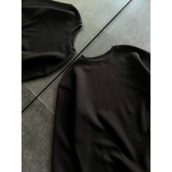 Kadın Bisiklet Yaka 3 İplik Pamuklu Basic SweatShirt - Siyah