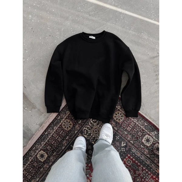 Kadın Bisiklet Yaka 3 İplik Pamuklu Basic SweatShirt - Siyah