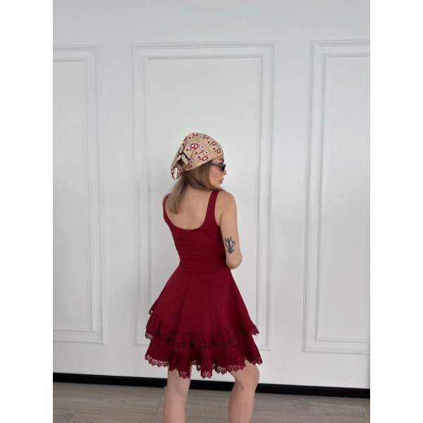 Kadın Mini Askılı Elbise - Bordo