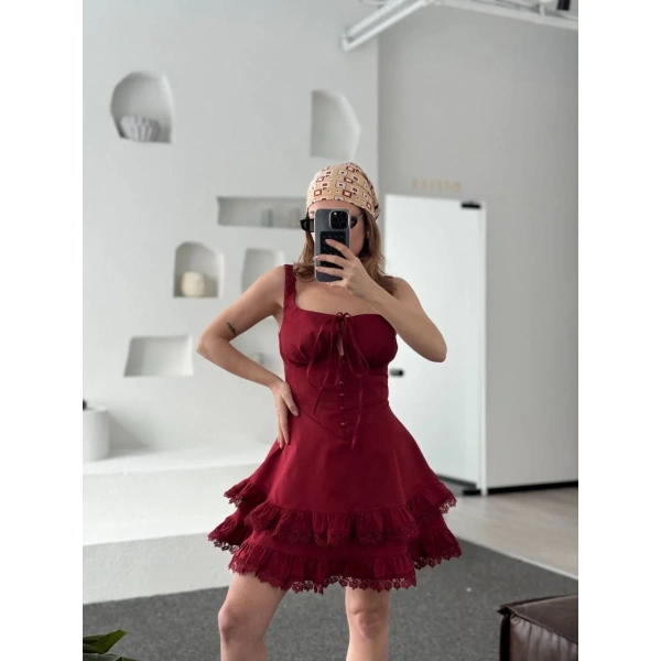 Kadın Mini Askılı Elbise - Bordo
