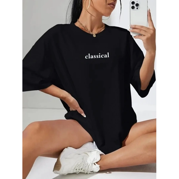 Kadın T-shirt Penye Compack Classical Baskılı Kısa kol Tişört - Siyah