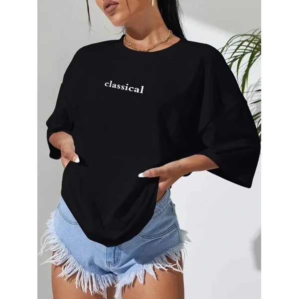 Kadın T-shirt Penye Compack Classical Baskılı Kısa kol Tişört - Siyah