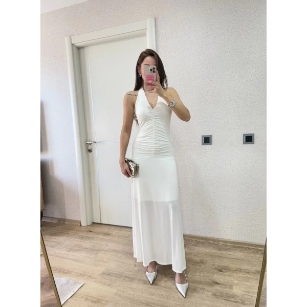 Kadın Sırt dekolteli Uzun Elbise - Beyaz