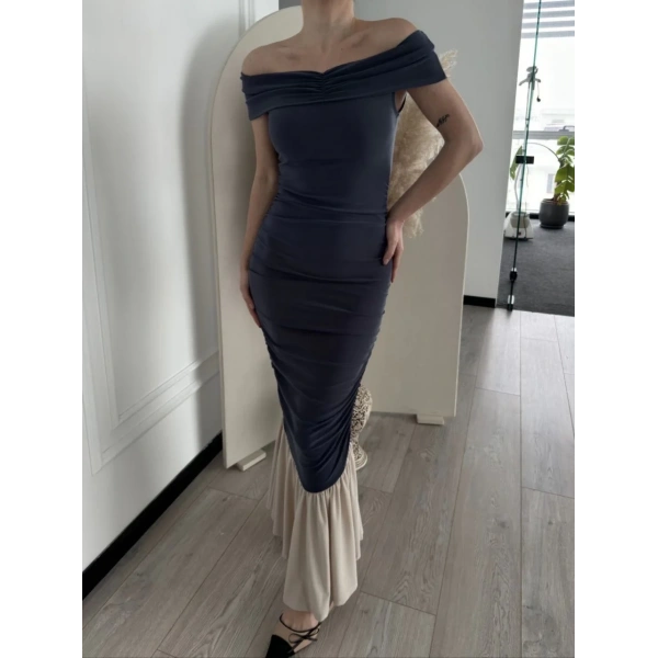 Kadın Striptiz Omuzlu Uzun Elbise- Füme