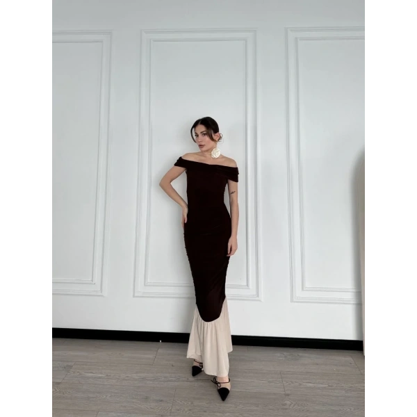 Kadın Striptiz Omuzlu Uzun Elbise - Kahve