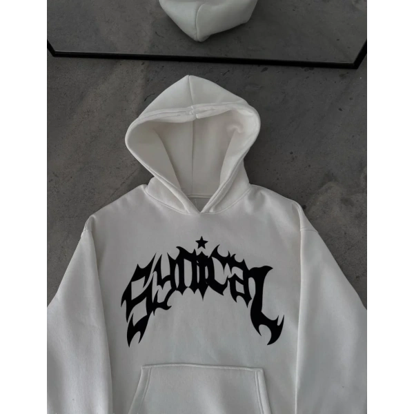 Kadın Kapüşonlu Kanguru Cepli Sweatshirt 3 İplik Pamuklu Baskılı Hoodie - Beyaz