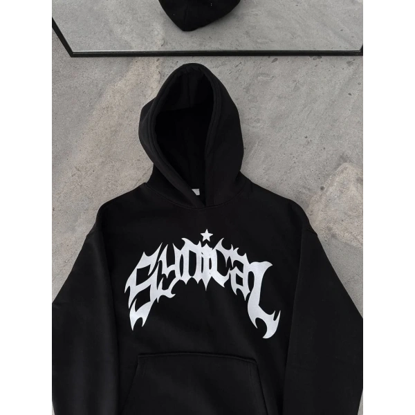 Kadın Kapüşonlu Kanguru Cepli Sweatshirt 3 İplik Pamuklu Baskılı Hoodie - Siyah