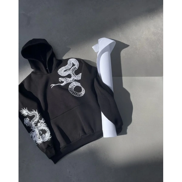 Kadın Oversize Kapüşonlu Cepli Baskılı 3 İplik Pamuklu Hoodie Sweatshirt - Siyah