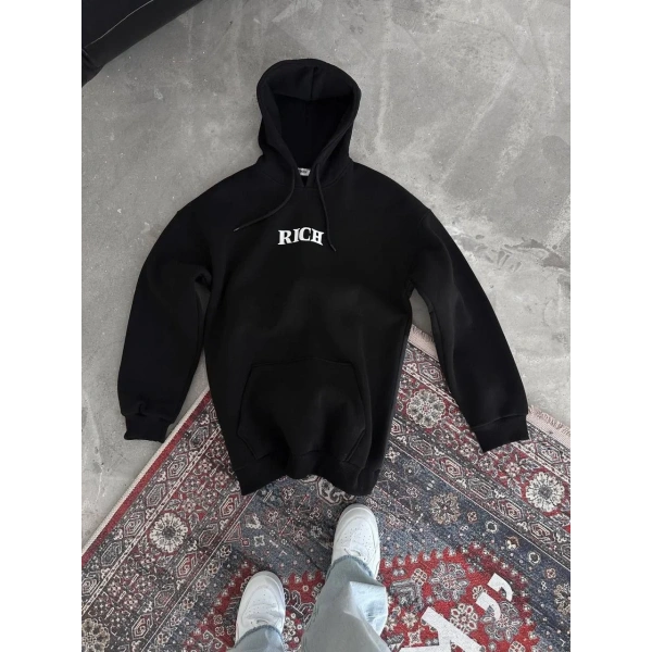 Kadın Kapüşonlu Kanguru Cepli Sweatshirt 3 İplik Pamuklu Baskılı Hoodie - Siyah