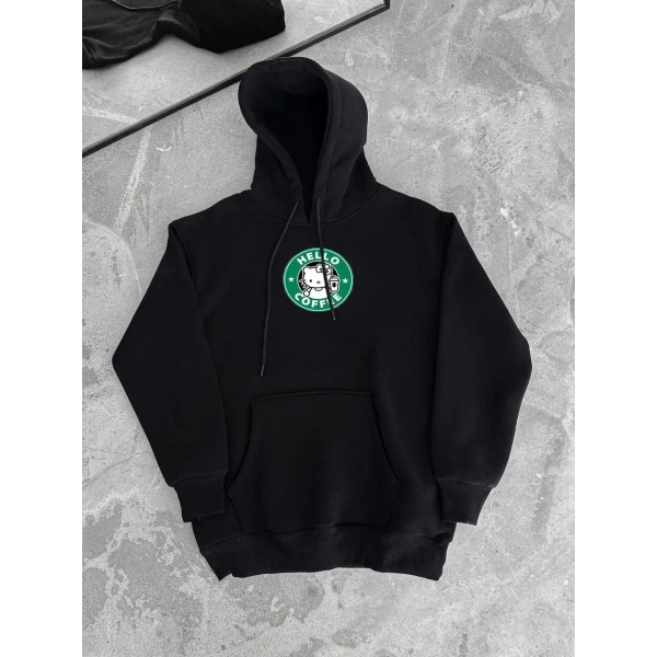 Kadın Oversize Kapüşonlu Kanguru Cepli Baskılı 3 İplik Pamuklu Sweatshirt Hoodie -   Siyah
