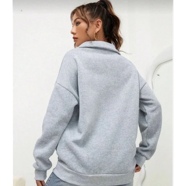 Kadın 3 iplik Pamuklu Uzun Kol Yarım Farmuarlı Yakalı  SweatShirt - Gri