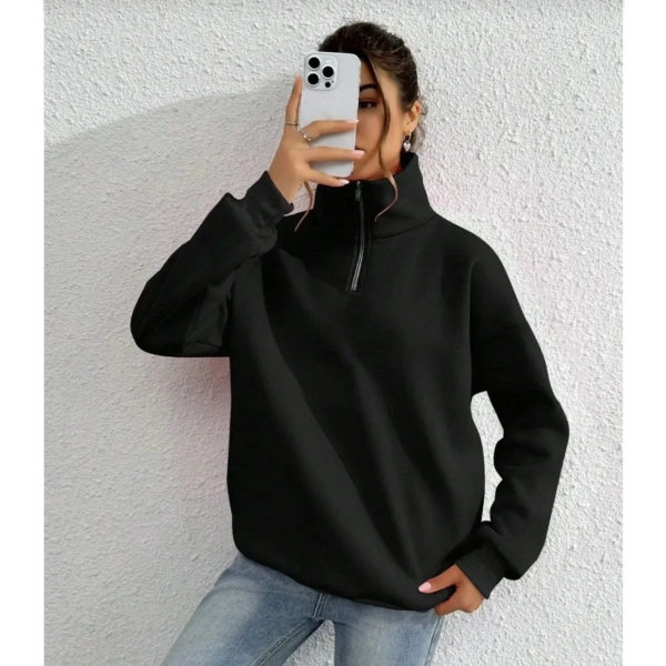 Kadın 3 iplik Pamuklu Uzun Kol Yarım Farmuarlı Yakalı SweatShirt - Siyah