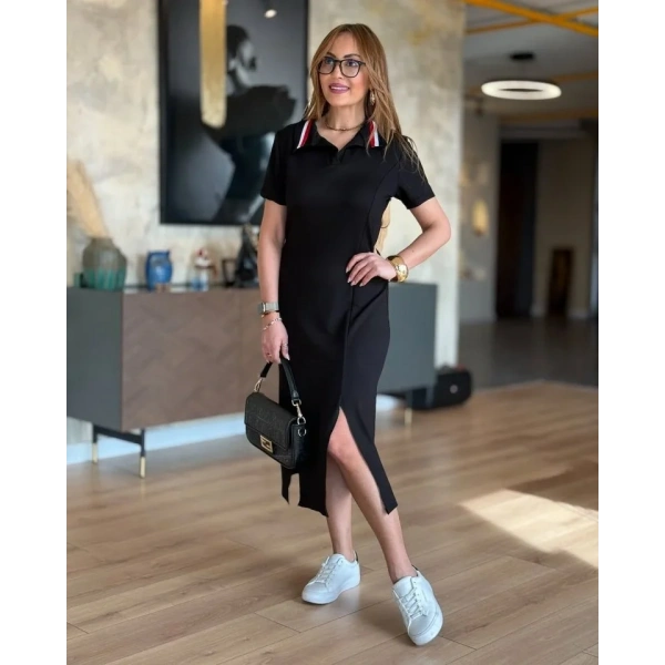 Kadın Yaka Ribanalı Çift Yırtmaçlı Elbise