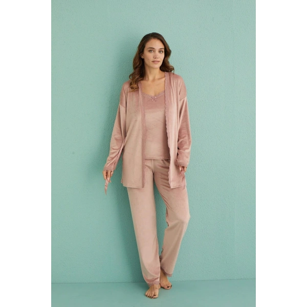 Mihra 13402 Kadın Kadife 3Lü Pijama Takımı