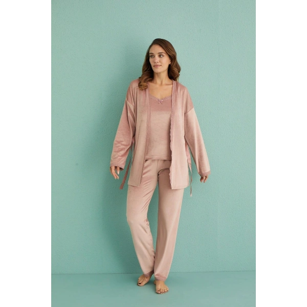 Mihra 13402 Kadın Kadife 3Lü Pijama Takımı