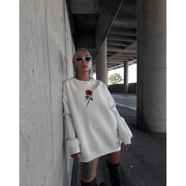 Kadın 3 iplik Pamuklu Bisiklet Yaka GÜL Baskılı SweatShirt - BeyazBeyaz