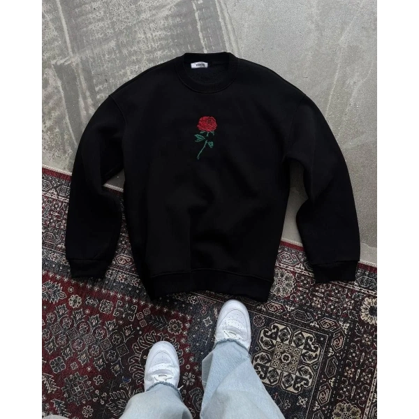 Kadın Oversize Kapüşonlu Cepli GÜL Baskılı 3 İplik Pamuklu Hoodie Sweatshirt - Siyah