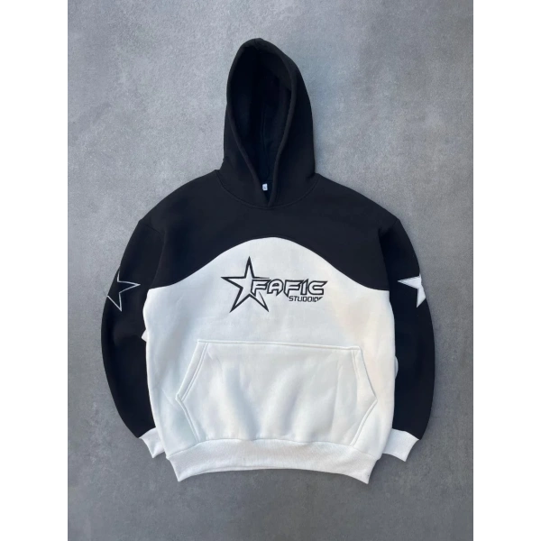 Kadın 3 İplik Pamuklu Parçalı Nakış İşlemelı Kapüşonlu SweatShirt Hoodie - Siyah