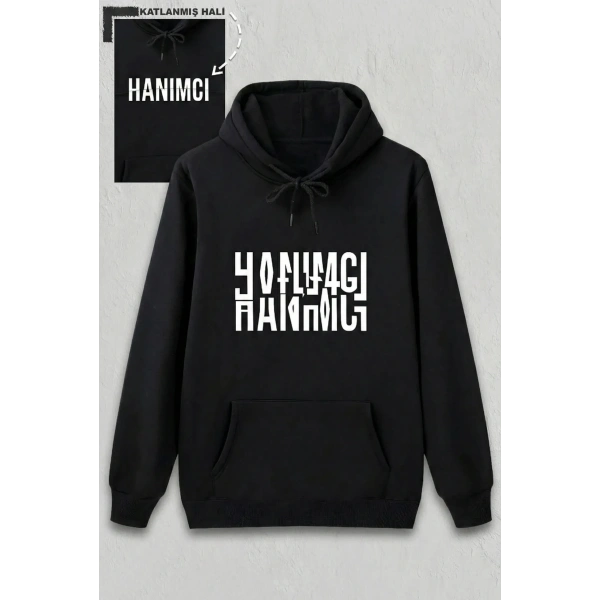 Sevgililer Günü Hanımcı Hediye Baskılı Oversize Kapüşonlu Sweatshirt - Siyah