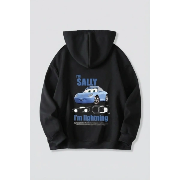 Sevgililer Günü Özel Kapüşonlu Araba Baskılı Oversize Sweatshirt - Siyah