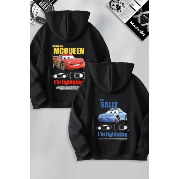 Sevgililer Günü Özel Kapüşonlu Araba Baskılı Oversize Sweatshirt - Siyah