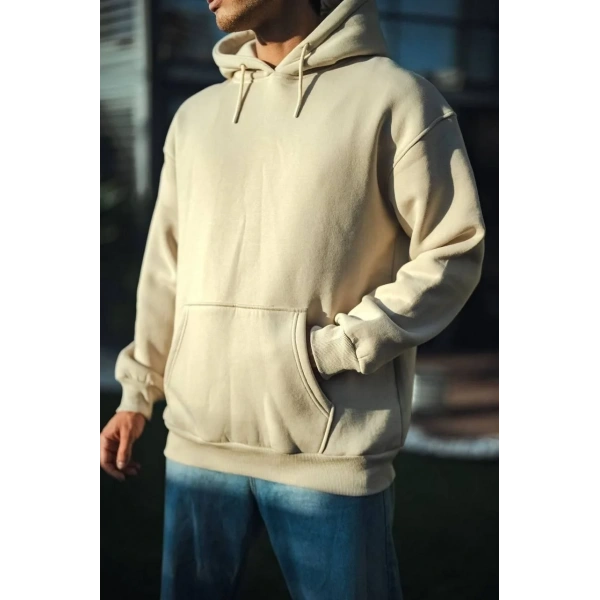 Kadın 3 İplik Pamuklu Kapüşonlu Kanguru Cepli Oversize Hoodie Sweatshirt - Bej