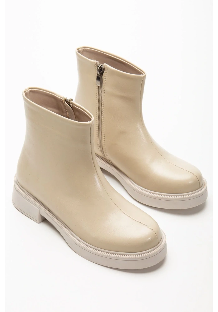 02-3033 Bej Kırışık Rugan Fermuarlı Günlük Kadın Bot