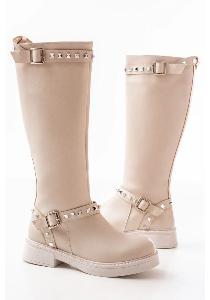 02-307 Bej Düz Topuklu Günlük Bayan Binici Çizme